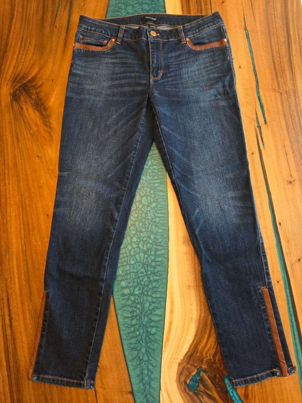 White House Black Market Dark Wash Skimmer Jeans with Faux Leather Trim - Size 8